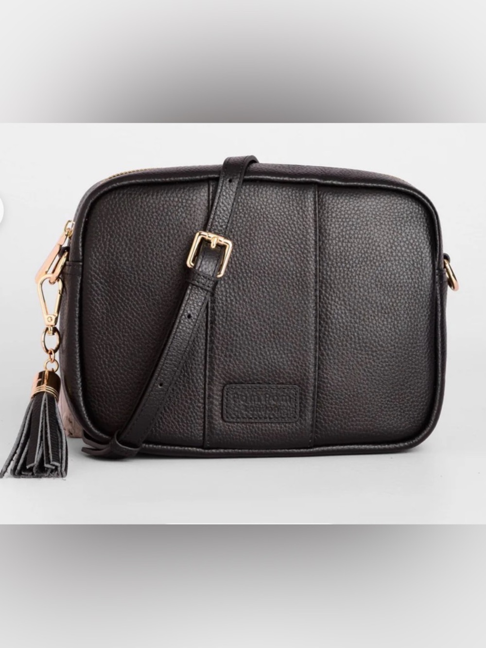 Women’s Black Pebbled Leather Belt Bag with Tassel and Gold Hardware